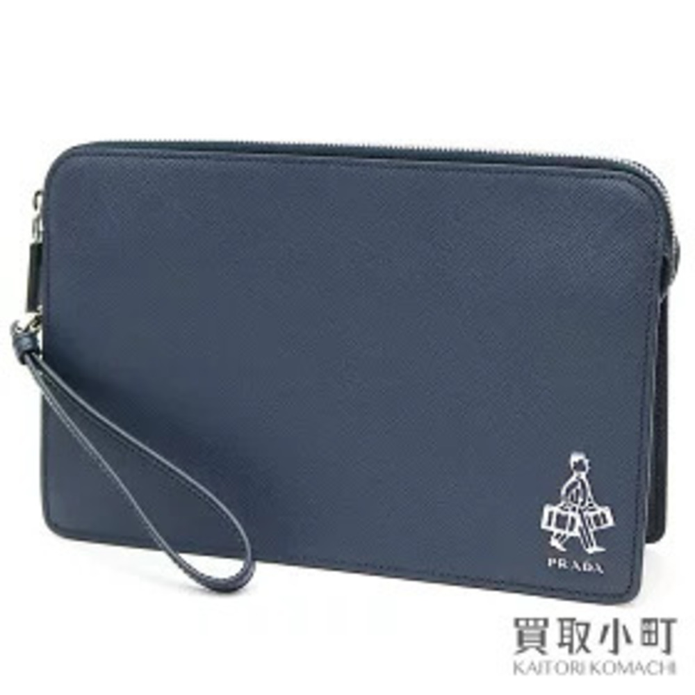 Prada Saffiano Leather Bag Porter Metal Baltico Navy Blue Shoulder